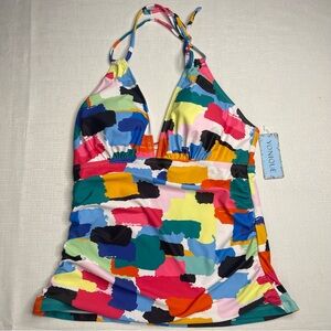Yonique Tummy Control V-Neck Halter Tankini Swim Top (Large) NWT